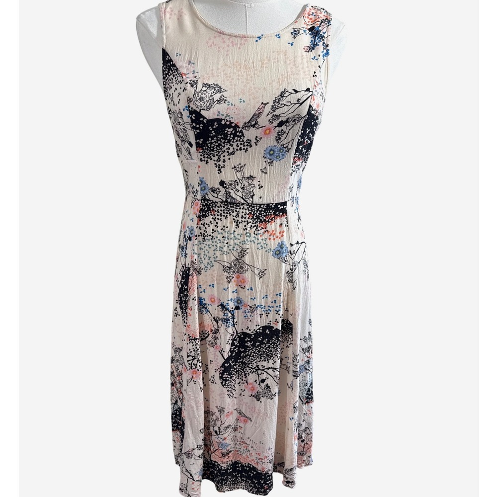 Sunny Girl Womens Floral Bird Print Sleeveless Midi Dress Cream Blue Size 8